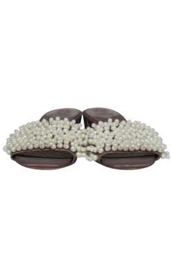 Tory Burch - Taupe Satin & Pearl Beaded Mule Sandals Sz 8.5