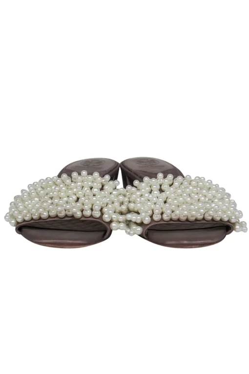 Tory Burch - Taupe Satin & Pearl Beaded Mule Sandals Sz 8.5