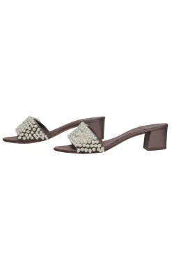 Tory Burch - Taupe Satin & Pearl Beaded Mule Sandals Sz 8.5
