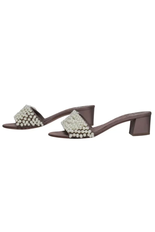 Tory Burch - Taupe Satin & Pearl Beaded Mule Sandals Sz 8.5