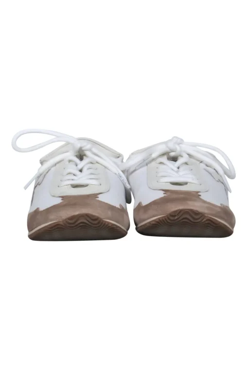 Tory Burch - White & Brown Leather & Suede “Tory” Sneakers w/ Leather Trim & Logo Sz 8