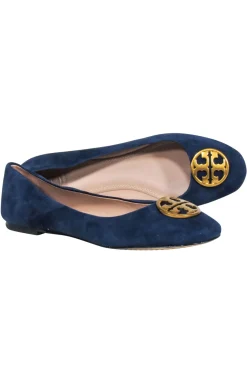 Tory Burch- Navy Suede Ballet Flats w/ Gold-Tone Logo Sz 8