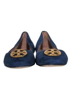 Tory Burch- Navy Suede Ballet Flats w/ Gold-Tone Logo Sz 8