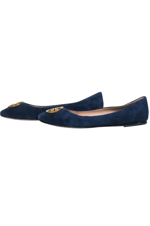 Tory Burch- Navy Suede Ballet Flats w/ Gold-Tone Logo Sz 8