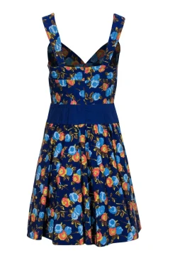 Tracy Reese - Blue & Orange Floral Print Sleeveless A-Line Dress Sz S