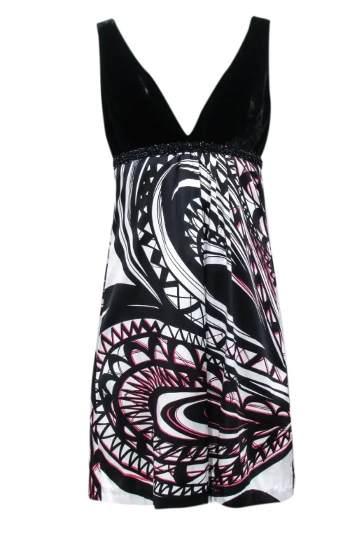 Trina Turk - Black Velvet Printed Mini Dress w/ Beaded Waist Sz 4
