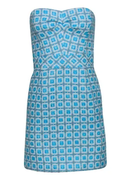 Trina Turk - Blue & White Strapless Tweed Mini Dress Sz 2