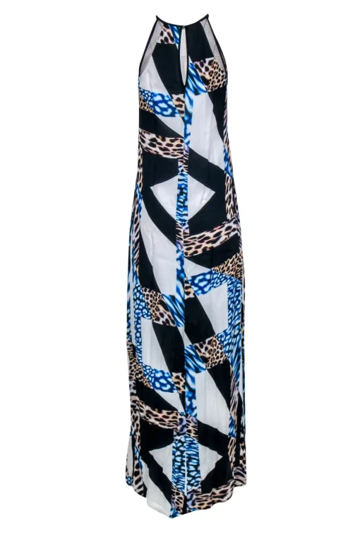 Trina Turk - Blue, Black & White Cheetah Geo Print Maxi Dress Sz S