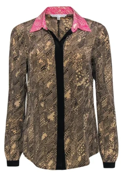 Trina Turk - Brown & Black Printed Silk Blouse w/ Pink Collar Sz S