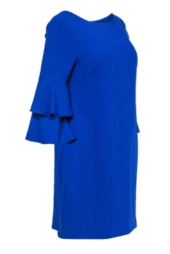 Trina Turk - Cobalt Textured Shift Dress w/ Ruffle Bell Sleeves Sz 6