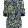 Trina Turk - Dusty Blue & Yellow Floral Puff Sleeve Peasant-Style Dress Sz 4