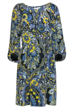 Trina Turk - Dusty Blue & Yellow Floral Puff Sleeve Peasant-Style Dress Sz 4