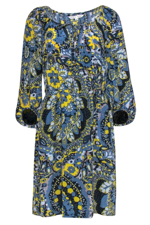 Trina Turk - Dusty Blue & Yellow Floral Puff Sleeve Peasant-Style Dress Sz 4
