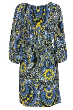 Trina Turk - Dusty Blue & Yellow Floral Puff Sleeve Peasant-Style Dress Sz 4