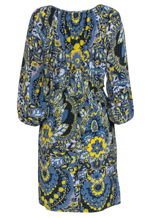 Trina Turk - Dusty Blue & Yellow Floral Puff Sleeve Peasant-Style Dress Sz 4