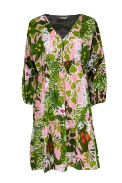 Trina Turk - Green, Pink, & White Botanical Print Balloon Dress Sz L
