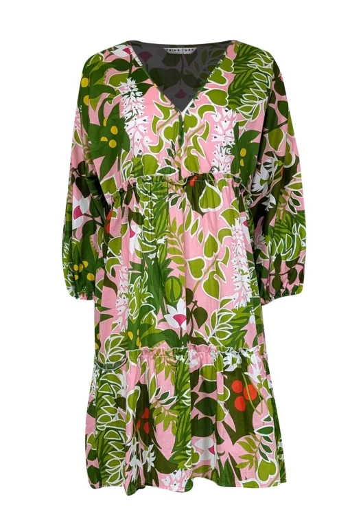 Trina Turk - Green, Pink, & White Botanical Print Balloon Dress Sz L