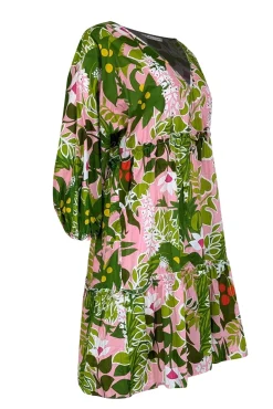 Trina Turk - Green, Pink, & White Botanical Print Balloon Dress Sz L