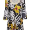 Trina Turk - Grey & Yellow Silk Floral Dress w/ Sequin Neckline & Bell Sleeves Sz 6