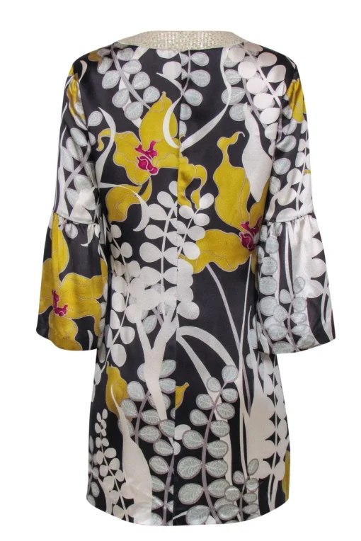 Trina Turk - Grey & Yellow Silk Floral Dress w/ Sequin Neckline & Bell Sleeves Sz 6
