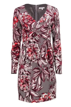 Trina Turk - Grey, Maroon & White Floral Print Sheath Dress w/ Crisscross Belt Sz 4