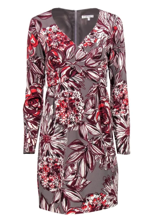 Trina Turk - Grey, Maroon & White Floral Print Sheath Dress w/ Crisscross Belt Sz 4