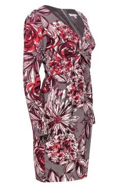 Trina Turk - Grey, Maroon & White Floral Print Sheath Dress w/ Crisscross Belt Sz 4
