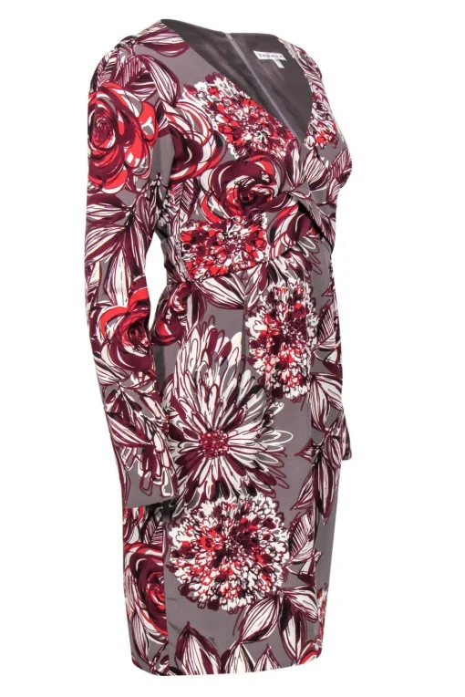 Trina Turk - Grey, Maroon & White Floral Print Sheath Dress w/ Crisscross Belt Sz 4