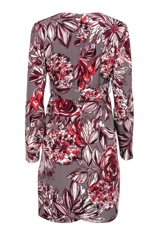 Trina Turk - Grey, Maroon & White Floral Print Sheath Dress w/ Crisscross Belt Sz 4
