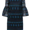 Trina Turk - Navy, Teal & Black Lace & Eyelet Bell Sleeve Shift Dress Sz 0