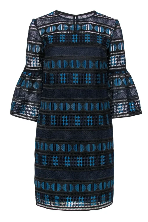 Trina Turk - Navy, Teal & Black Lace & Eyelet Bell Sleeve Shift Dress Sz 0