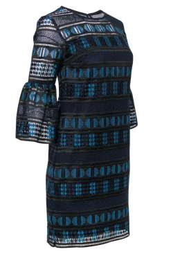 Trina Turk - Navy, Teal & Black Lace & Eyelet Bell Sleeve Shift Dress Sz 0