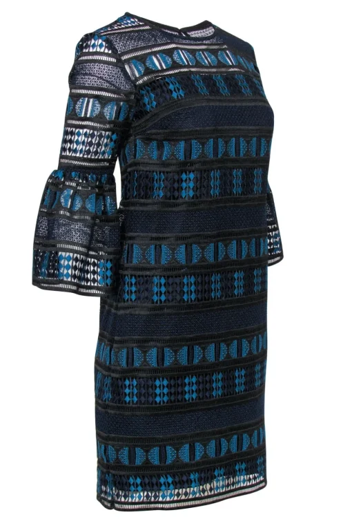 Trina Turk - Navy, Teal & Black Lace & Eyelet Bell Sleeve Shift Dress Sz 0