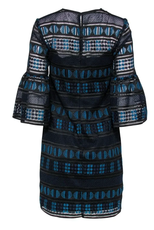 Trina Turk - Navy, Teal & Black Lace & Eyelet Bell Sleeve Shift Dress Sz 0