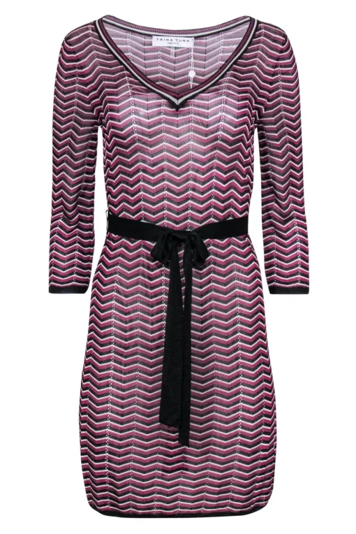 Trina Turk - Purple, Black & White Chevron Knit Belted Shift Dress Sz M