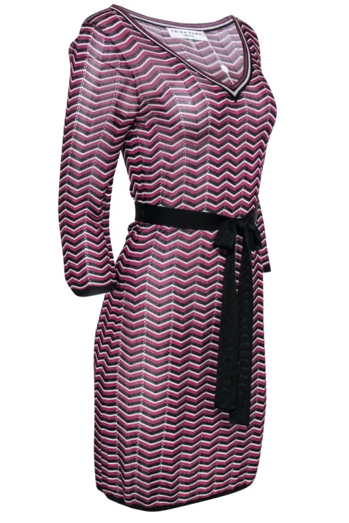 Trina Turk - Purple, Black & White Chevron Knit Belted Shift Dress Sz M