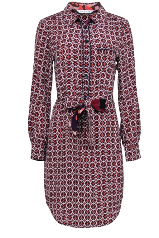 Trina Turk - Tan & Multicolored Geometric Print Belted Shirtdress Sz S
