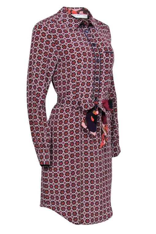 Trina Turk - Tan & Multicolored Geometric Print Belted Shirtdress Sz S