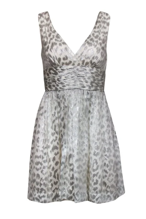 Trina Turk - White & Silver Leopard Print Fit & Flare Dress Sz 2