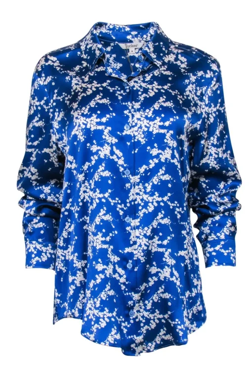 Tucker - Cobalt Blue Floral Print Long Sleeve Silk Blouse Sz M