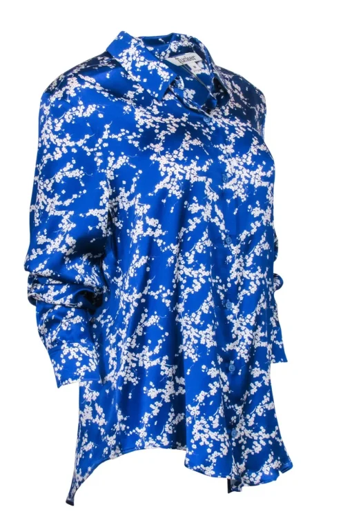 Tucker - Cobalt Blue Floral Print Long Sleeve Silk Blouse Sz M
