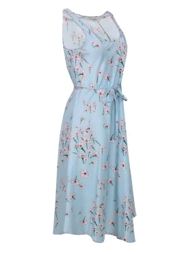 Tucker - Light Blue, Pink & Green Floral Print Belted Silk & Cotton Slip Dress Sz L