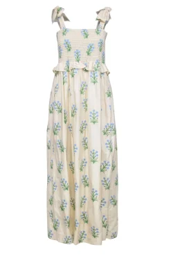 Tuckernuck - Beige Maxi Dress w/ Green & Blue Embroidery Sz M