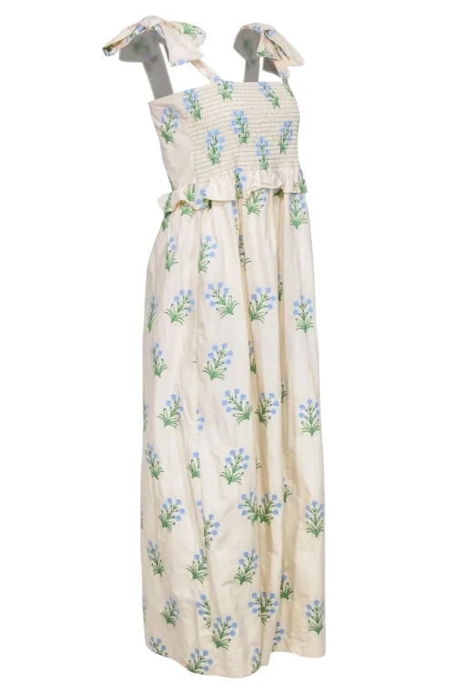 Tuckernuck - Beige Maxi Dress w/ Green & Blue Embroidery Sz M