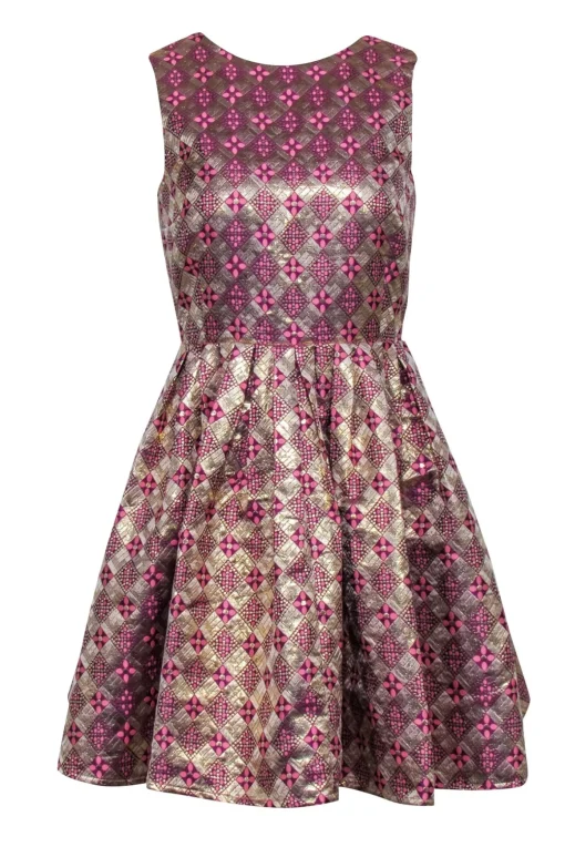 Tuckernuck - Pink, Gold, & Purple Brocade Print Open Back Dress Sz S