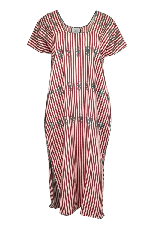 Tuckernuck - Red & Cream Stripe w/ Green Embroidered Detail Tunic Dress Sz M