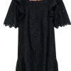 Twinset - Black Eyelet Mini Dress w/ Multicolored Floral Embroidery Sz 10