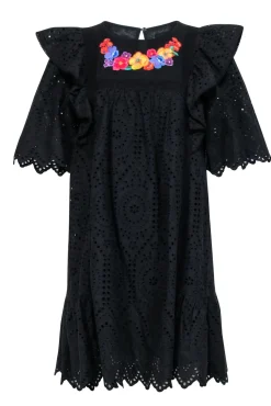 Twinset - Black Eyelet Mini Dress w/ Multicolored Floral Embroidery Sz 10