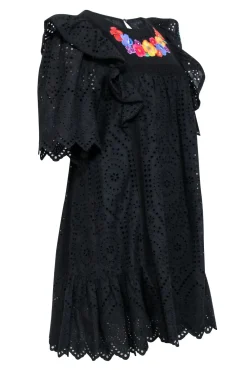 Twinset - Black Eyelet Mini Dress w/ Multicolored Floral Embroidery Sz 10