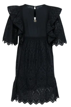 Twinset - Black Eyelet Mini Dress w/ Multicolored Floral Embroidery Sz 10